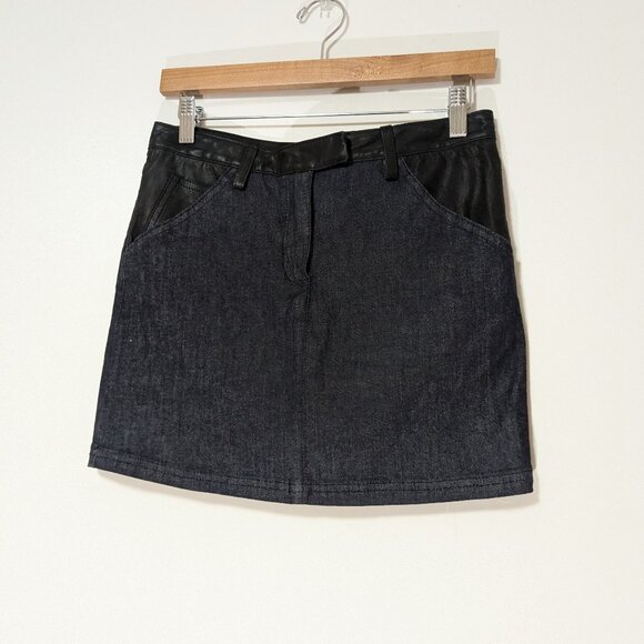 BNWT theory Brie Mini Denim Faux Leather Skirt Blue Corsica Indigo Size 6 - Picture 1 of 6
